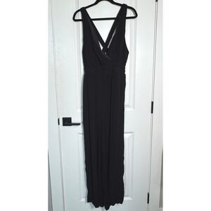 LOFT Black Wide Leg Smocked Waist Maxi Jumpsuit V Neck Criss Cross Size 14